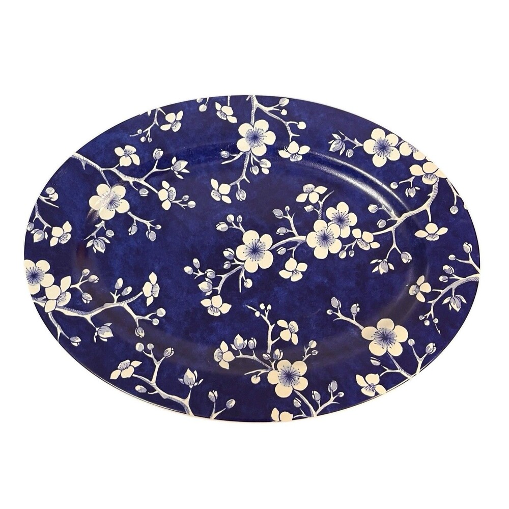 Williams Sonoma French Blue Bouquet Oval Serving Platter Plate 14.5" Flowers